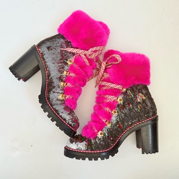 Christian Louboutin Paillettes Fanny 70 Pink Rabbit Fur Heel Combat Boots EU 37 - Picture 6 of 12